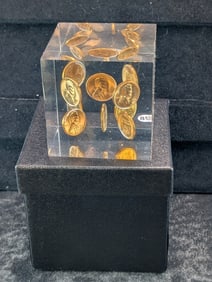 Acrylic Paperweight With 1955-S Lincoln Wheat Cents. 10 Coins.