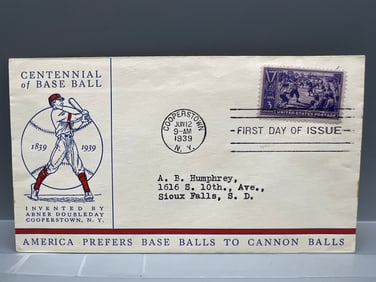 1939 USPS Addressed Cooperstown NY. Centennial of Baseball First Day of Issue Cachet