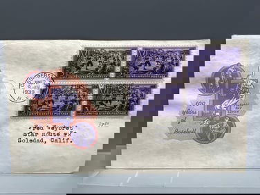 1939 USPS Addressed Cooperstown NY. 100 Years of Baseball First Day Cover Cachet