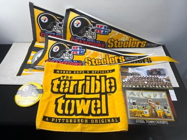 Lot of Assorted Pittsburgh Steelers Football Memorabilia - Pennants, Terrible Towel
