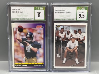 1991 Score Brett Favre RC #611 CSG NM-MT 8 & 1991 Upper Deck Rookie Force Checklist Brett Favre RC