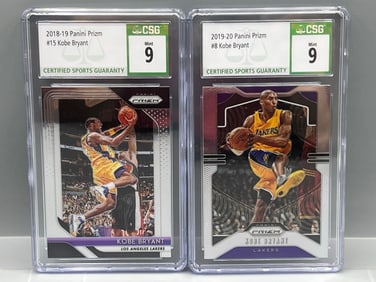 2018-19 Panini Prizm Kobe Bryant #15 CSG Mint 9 & 2019-20 Panini Prizm Kobe Bryant #8 CSG Mint 9