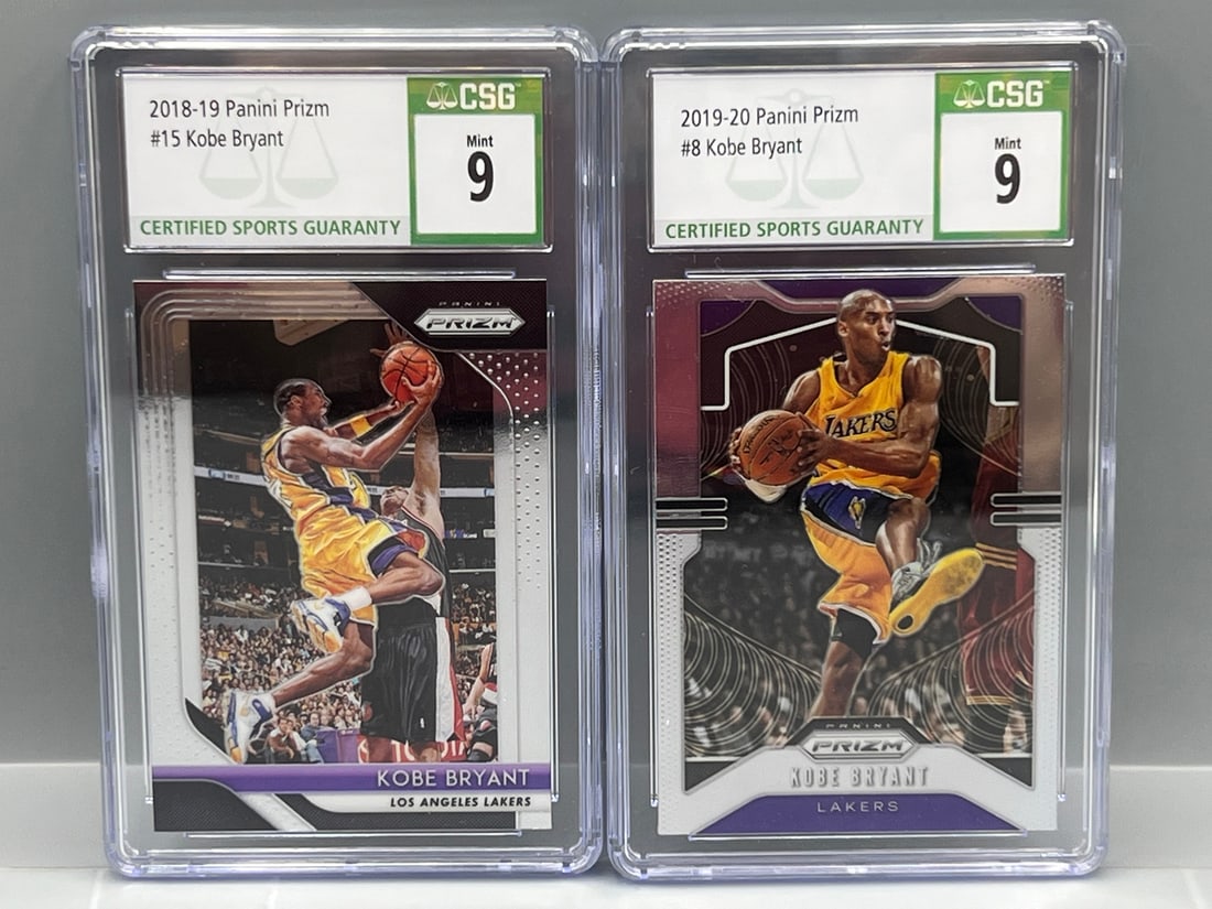 2018-19 Panini Prizm Kobe Bryant #15 CSG Mint 9 & 2019-20 Panini Prizm Kobe Bryant #8 CSG Mint 9 (1 of 2)