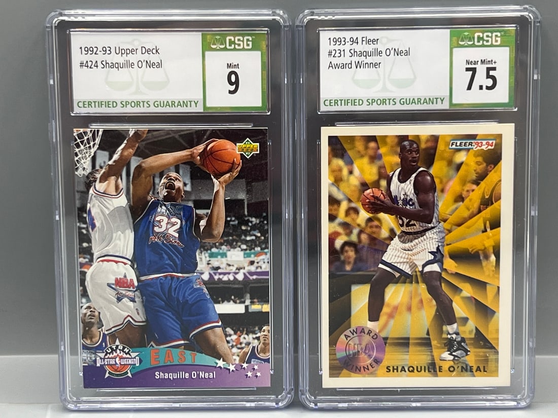 1992-93 Upper Deck Shaquille O'Neal RC #424 CSG Mint 9 & 1993-94 Fleer Shaquille O'Neal Award Winner (1 of 2)