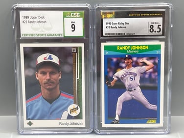 1989 Upper Deck Randy Johnson RC #25 CSG Mint 9 & 1990 Score Rising Stars Randy Johnson #52 CSG
