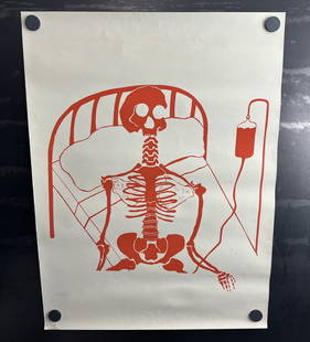 Vintage & Original 1970s Skeleton on IV Drip 18"x24" Poster - Unknown Artist: Vintage & Original 1970s Skeleton on IV Drip 18"x24" Poster - Unknown Artist