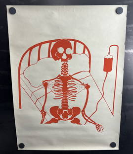Vintage & Original 1970s Skeleton on IV Drip 18"x24" Poster - Unknown Artist: Vintage & Original 1970s Skeleton on IV Drip 18"x24" Poster - Unknown Artist