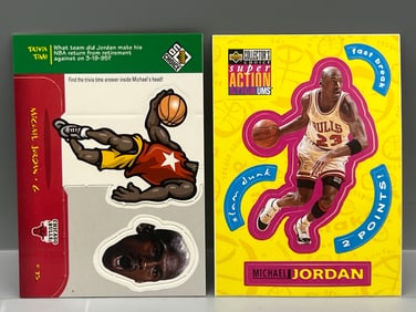 1998 UD Choice Michael Jordan Sticker #30 & 1996-97 Upper Deck Michael Jordan Super Action Stick Ums
