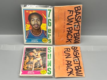 Lot of (2) West Corp. Cello Fun Pack Repack 1974-75 Topps Basketball Sealed Packs