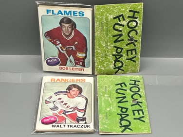 Lot of (2) West Corp. Cello Fun Pack Repack 1975-76 Topps Hockey Sealed Packs - Partial Seal Tearing