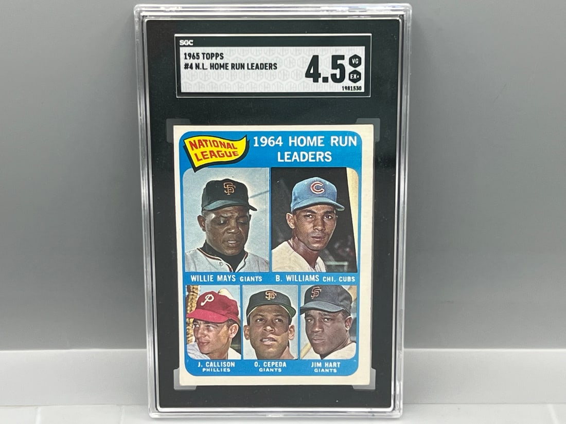 1965 Topps NL Home Run Leaders Mays/Williams/Callison/Cepeda/Hart #4 SGC VG-EX+ 4.5: 1965 Topps NL Home Run Leaders Mays/Williams/Callison/Cepeda/Hart #4 SGC VG-EX+ 4.5