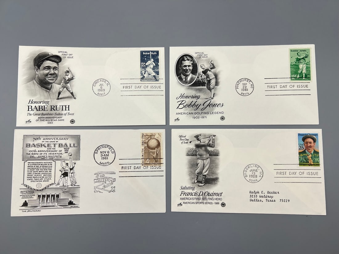 Lot of (4) Vintage Sports First Day Issue Envelopes - Babe Ruth, Bobby Jones, 1961 James Naismith, (1 of 2)