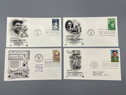 Lot of (4) Vintage Sports First Day Issue Envelopes - Babe Ruth, Bobby Jones, 1961 James Naismith,: Lot of (4) Vintage Sports First Day Issue Envelopes - Babe Ruth, Bobby Jones, 1961 James Naismith, Francis Ouimet