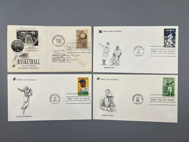 Lot of (4) Vintage Sports First Day Issue Envelopes - Babe Ruth, 1961 James Naismith, Jackie