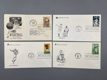 Lot of (4) Vintage Sports First Day Issue Envelopes - Babe Ruth, 1961 James Naismith, Jackie: Lot of (4) Vintage Sports First Day Issue Envelopes - Babe Ruth, 1961 James Naismith, Jackie Robinson, Bobby Jones