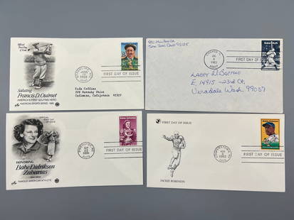 Lot of (4) Vintage Sports First Day Issue Envelopes - Babe Ruth, Babe Didriksen, Jackie Robinson,: Lot of (4) Vintage Sports First Day Issue Envelopes - Babe Ruth, Babe Didriksen, Jackie Robinson, Francis Ouimet