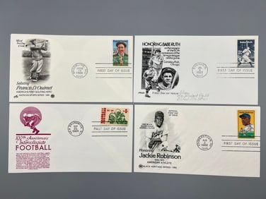 Lot of (4) Vintage Sports First Day Issue Envelopes - Francis Ouimet, Babe Ruth, 1969 College