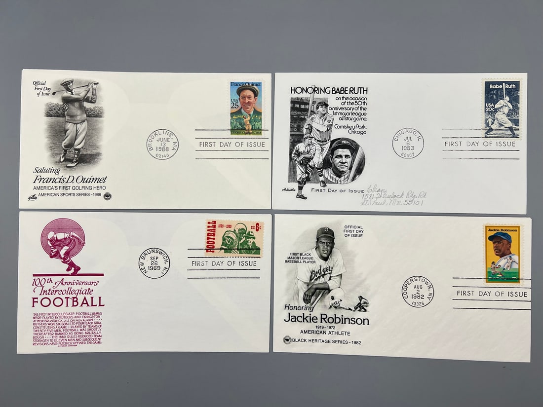 Lot of (4) Vintage Sports First Day Issue Envelopes - Francis Ouimet, Babe Ruth, 1969 College (1 of 2)