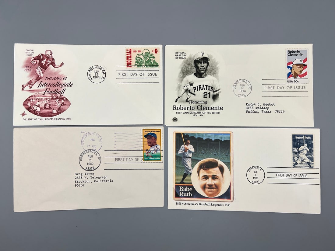 Lot of (4) Vintage Sports First Day Issue Envelopes - 1969 College Football, Roberto Clemente, (1 of 2)
