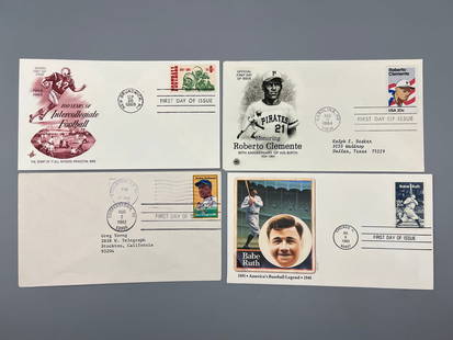 Lot of (4) Vintage Sports First Day Issue Envelopes - 1969 College Football, Roberto Clemente,: Lot of (4) Vintage Sports First Day Issue Envelopes - 1969 College Football, Roberto Clemente, Jackie Robinson, Babe Ruth