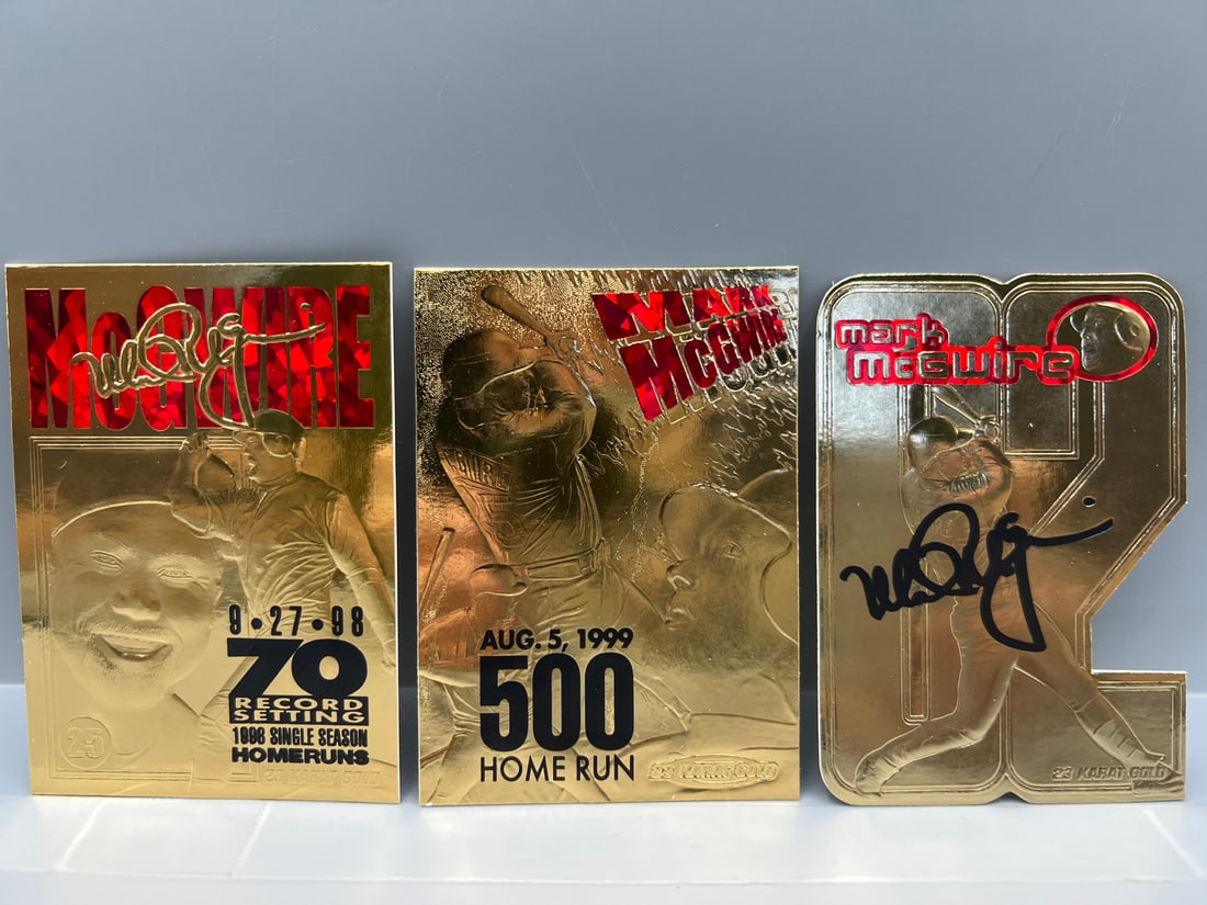 Lot of (3) Mark McGwire Baseball 23kt Gold Plated Record Setting Cards - Varying Conditions (1 of 2)