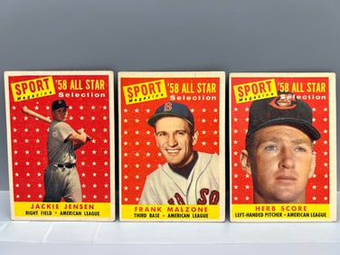 1958 Topps Jackie Jensen All Star #489, Frank Malzone All Star #481, & Herb Score All Star #495