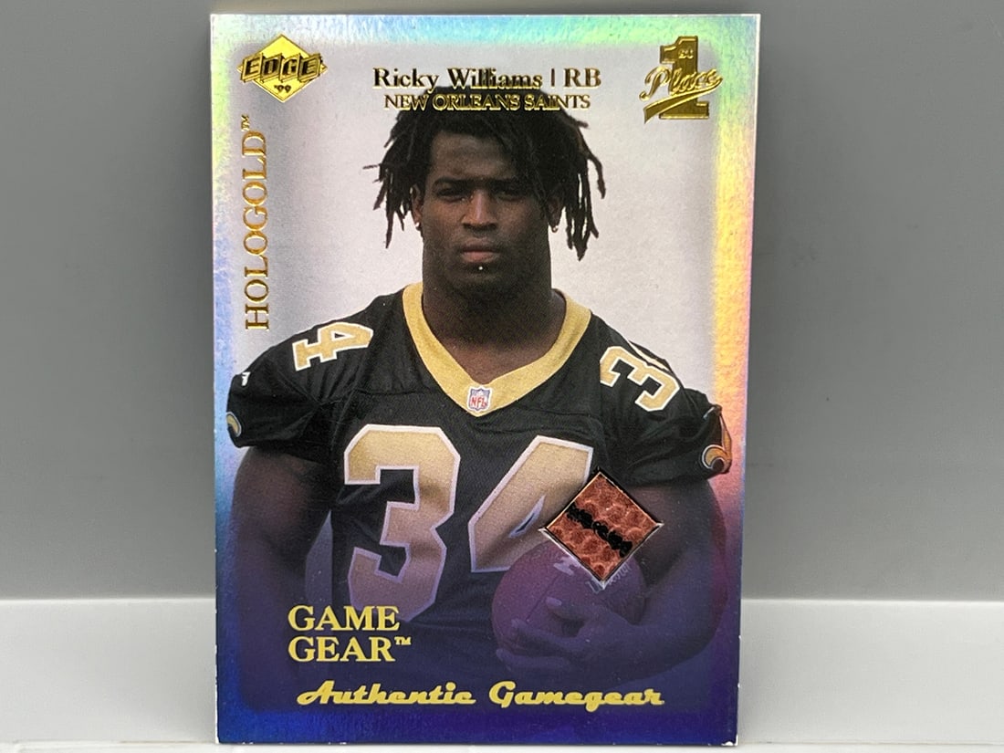 1999 Collector's Edge Ricky Williams 1st Place Hologold Game Gear Used Football Relic: 1999 Collector's Edge Ricky Williams 1st Place Hologold Game Gear Used Football Relic