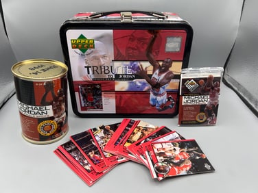 1998-99 Upper Deck Michael Jordan Lunch Box Tribute Lot W/ Can, Pack, & Cards - Cards from lunch box
