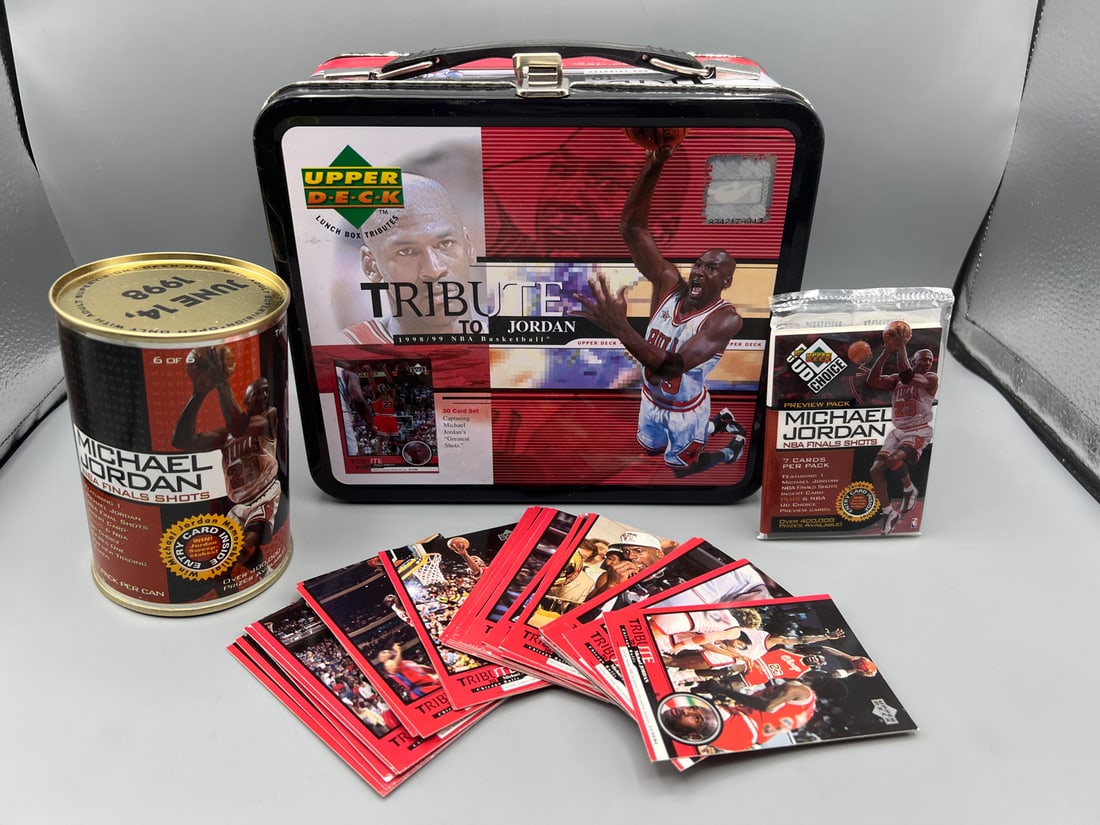1998-99 Upper Deck Michael Jordan Lunch Box Tribute Lot W/ Can, Pack, & Cards - Cards from lunch box (1 of 5)