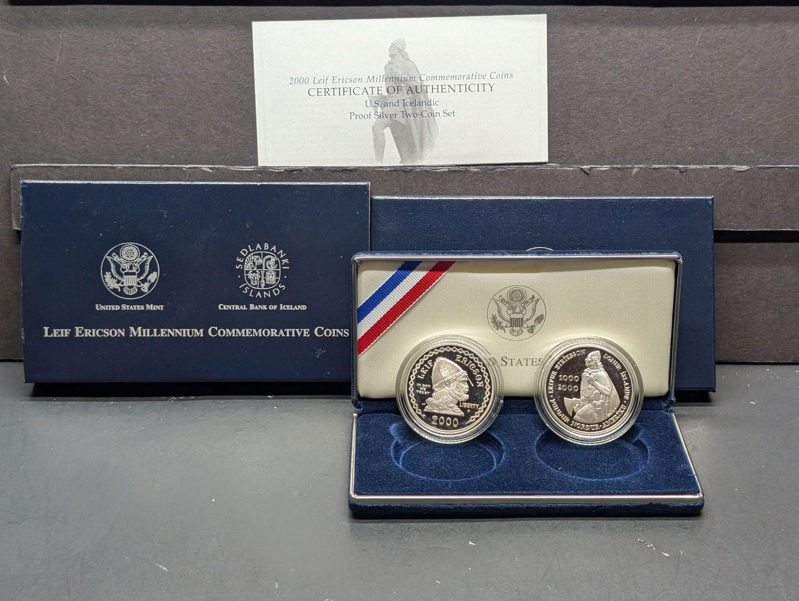 2000-P PROOF Leif Ericson Millennium Commemorative 2-Coin Silver Dollar Set in OGP w/ COA - Both