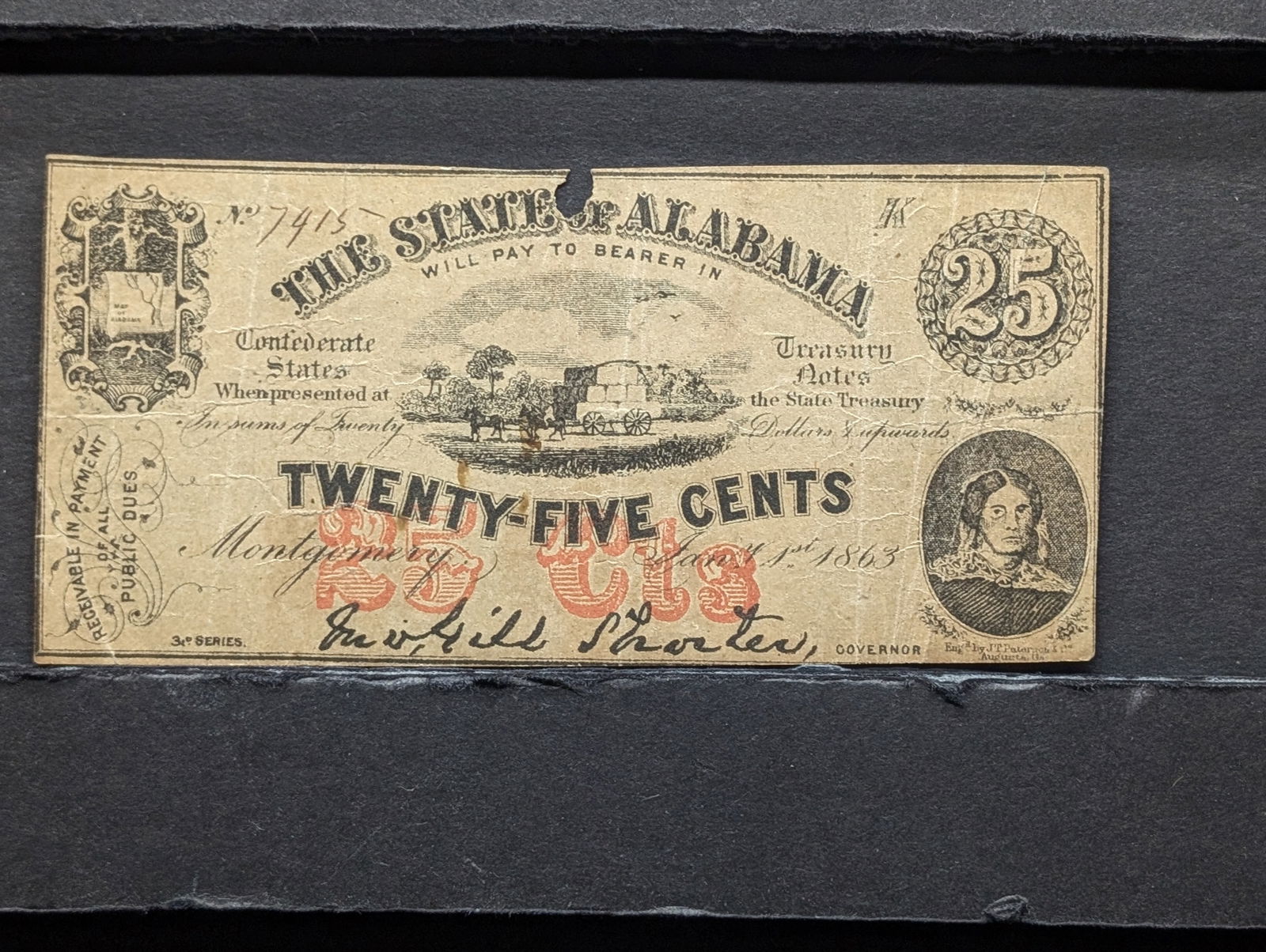 1863 Confederate Note, Twenty-five Cents Fractional Currency, The State of Alabama, Top Center Hole (1 of 3)