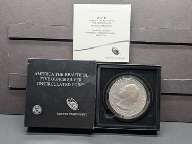 2016-P UNC ATB 5 Troy Oz. .999 SILVER Cumberland Gap National Park Quarter in OGP w/ COA