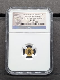1/2 Gram .9999 SOLID GOLD 2014 REV PROOF Burundi 5000 Francs - John F. Kennedy Designed Miniature