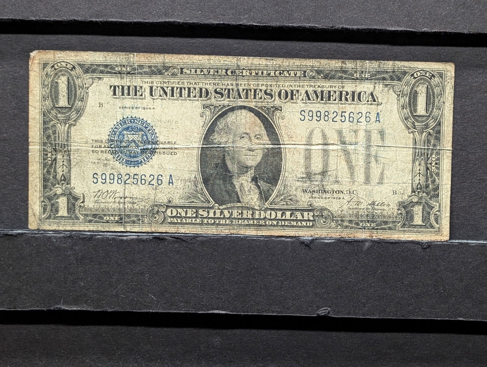1928 Series A $1 Silver Certificate (Funny Back); Very Rare high Serial Number 99825626; Minor Fray (1 of 3)