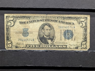 1934 Series A $5 Silver Certificate, Blue Seal ; Serial Number 68046574; Front & Back Are