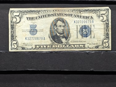 1934 Series A $5 Silver Certificate; Blue Seal, Serial Number 32720679; Slightly Bent Upper Corners