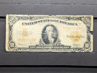 1922 Ten Dollar US Large Gold Seal Note, 16613412; Circulated With Frayed Edges, Small Hole Center