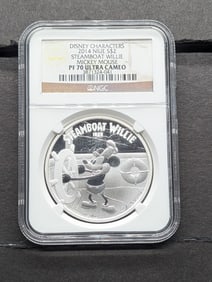 1 Oz. .999 Fine SILVER 2014 PROOF Niue $2 - Disney Steamboat Willie Mickey Mouse - NGC PF70 ULTRA