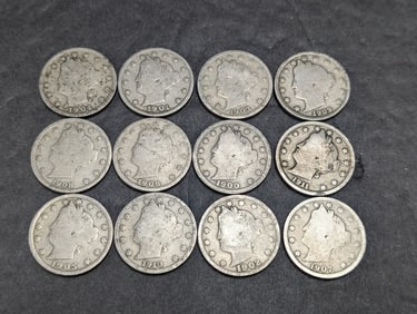 12 Liberty "V" Nickels, Circulated, 1900 to 1911 (12 Coins)