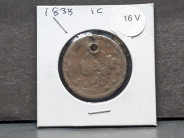 1838 Coronet Large Cent, Holed; Other Details Readable