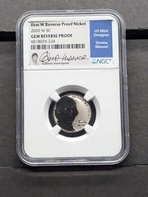 2020-W 5C NGC GEM REVERSE PROOF; First W Reverse Proof Nickel; Authentic Hand-Signed by US Mint