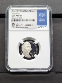 2020-W 5c NGC GEM PROOF; First W Mint-Marked Nickel; Authentic Hand-Signed by US Mint Designer Donna