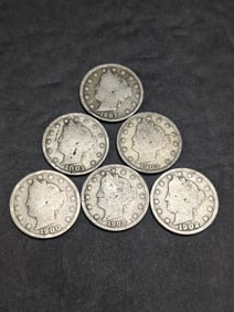 Liberty Head V Nickels 1900 to 1903, 1907, 1908 (6 Coins)