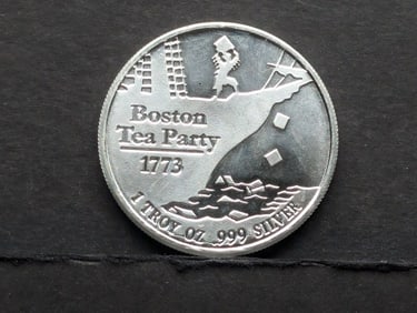Silver Round, 1 oz .999 Fine; Boston Tea Party On Obverse, "Don't Tread on Me" Coiled Snake On