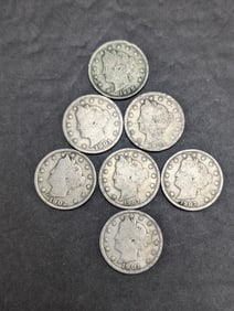 7 Liberty Head V Nickels - 1901x2, 1902,1903,1907x2, 1908