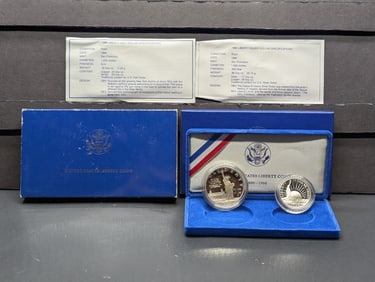 1986-S PROOF U.S. Liberty Commemorative 2-Coin Set in OGP w/ COA 90% Silver Dollar Clad Half Dollar