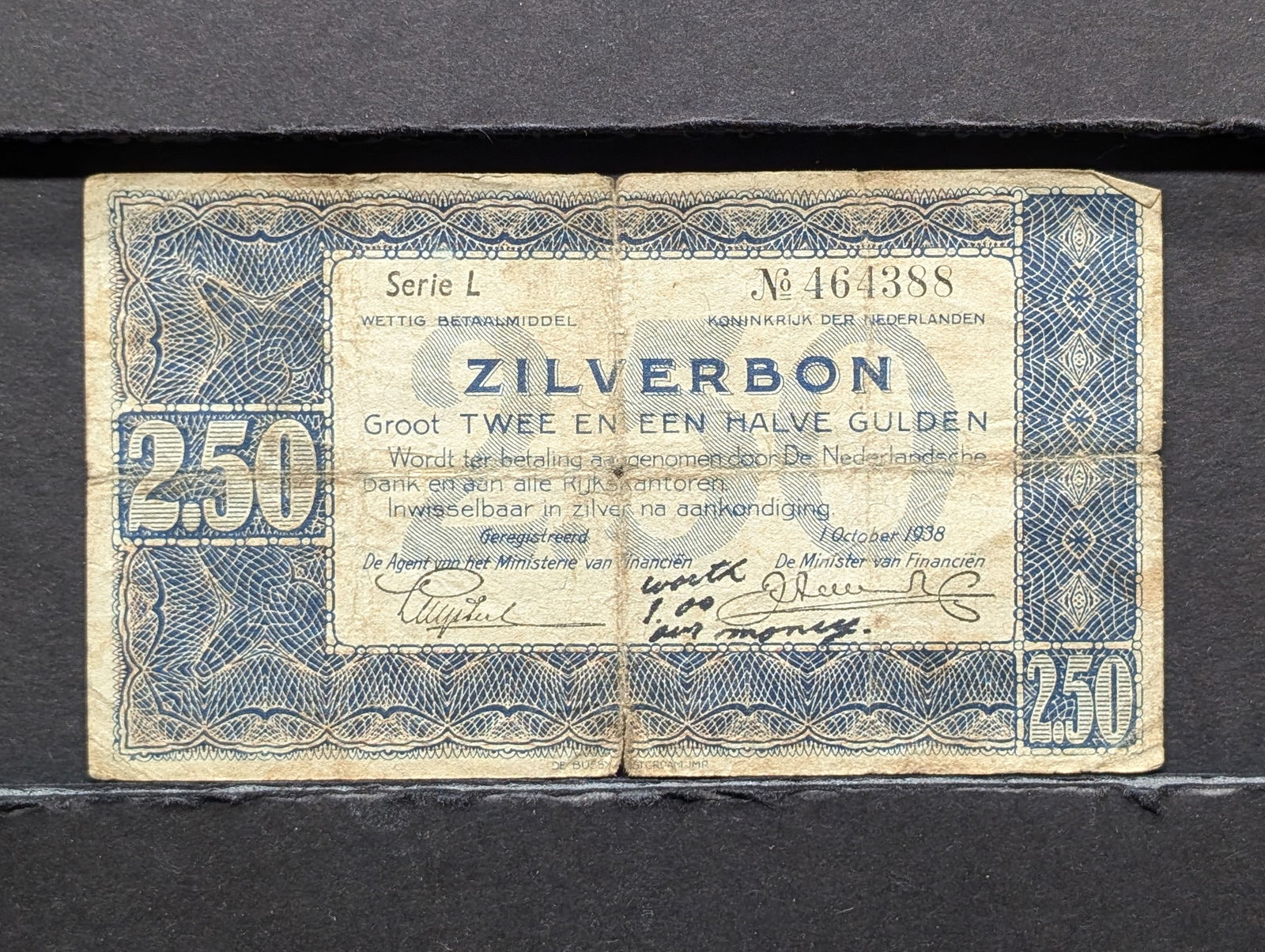 1938 Zilverbon Twee En Een Halve Gulden (250) Serie L, No 464388 Nederlander Note (1 of 3)