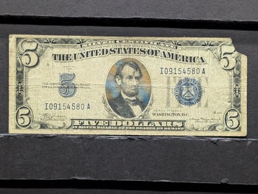 1934 Series A $5 Silver Certificate; Top Right Corner Removed