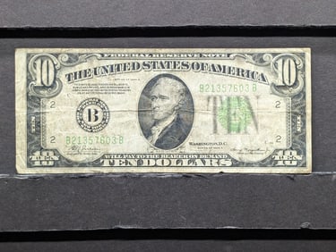 1934 Series A $10 Federal Reserve Note, Light Green Seal, Serial 21357603