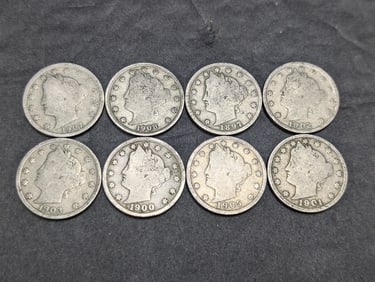 Liberty Head V Nickels 1897, 1900 to 1903, 1905, 1907 & 1908 (8 Coins)